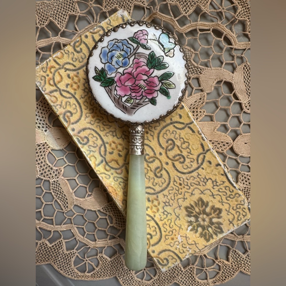 VTG petite handpainted floral porcelain celadon jade handle ornate vanity mirror